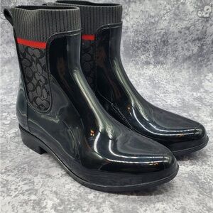 COACH NEW Womens 6B Rivington Signature Knit Rain Bootie Black Logo Ankle Boot